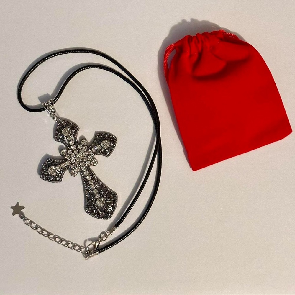 Gothic Cross Pendant on a Black Cord Necklace Victorian Retro Vintage Style